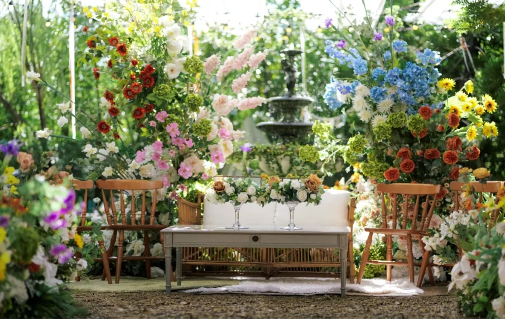 มุมจัดงานแต่งงานในสวน ตกแต่งด้วยดอกไม้หลากสีสันสดใส พร้อมเก้าอี้ไม้และโซฟาเล็ก สร้างบรรยากาศโรแมนติกท่ามกลางธรรมชาติ