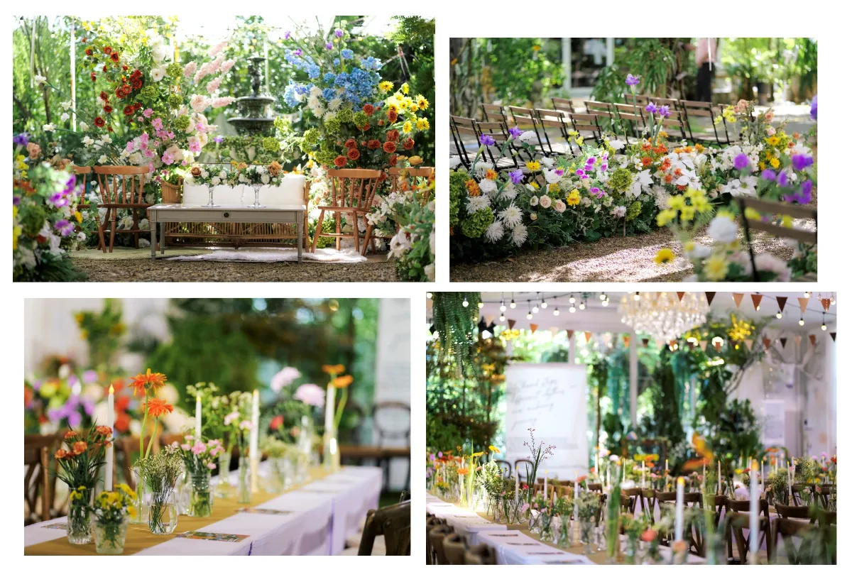 งานแต่งในสวนบรรยากาศโรแมนติก จัดแต่งด้วยดอกไม้หลากสี เก้าอี้รับแขก และโต๊ะเลี้ยงกลางแจ้ง สร้างความอบอุ่นและสวยงามสำหรับพิธีแต่งงาน