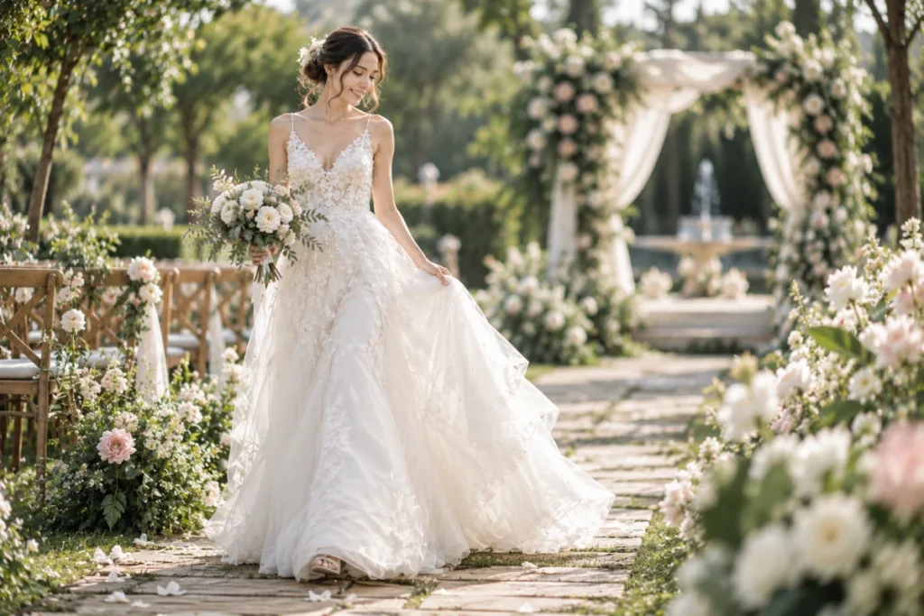 เจ้าสาวสวมชุดแต่งงานในสวนพร้อมชายกระโปรงพลิ้ว